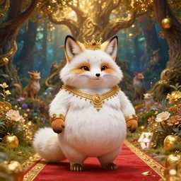 fox deity, fat figure, cute, elegant, furry, white, gold, warm, wearing a crown, bracelets and necklaces, red carpet, figure, realistic, hair detailing, background is heavenly, wonderland at night, the light in the deep forest full of mythical creatures of the picture, according to european art, golden sacred tree, golden apple, flower garden, hyper realistic render. den noise