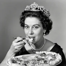 head and shoulders portrait of queen margherita of eating an entire pizza, tiara, pearl necklace, soft light, neutral background, black and white historical photo by letizia battaglia and peter lindberg