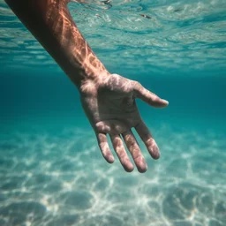 photo of a hand reaching down into the water, crystal clear water, light refraction. cinematic lighting, underwater