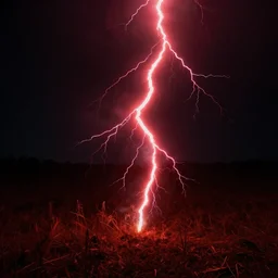 red lightning bolts shoot from the ground, night, field, fire is visible on the horizon, high contrast, unsettling photo