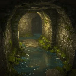 an ancient dungeon interior tunnel with stone walls, stagnant water, mossy overgrowth, soft ambient lighting, trending on artstation, isometric