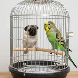 a bird cage with a pug parrot hybrid