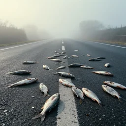 cinematic still of a road littered with dead fish, apocalyptic, light fog, 4 k