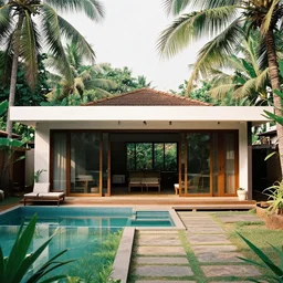 A tropical modern villa in Goa, photograph by Harry Gruyaert, shot on large format film camera, natural light, trending on VSCO, 8K, super-resolution