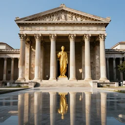 1 8 mm, realistic lighting, reflections, symmetry, balance, hyperdetailed, 8 k. roman temple with a large golden statue