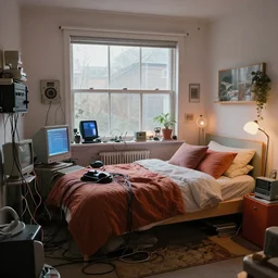 cozy 9 0 s bedroom retrofuturism, cluttered, wires everywhere, computer, window, detailed by simon stalenhag