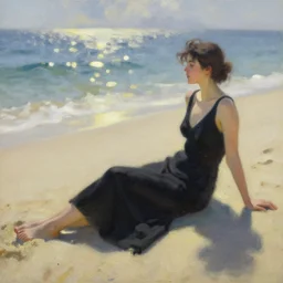 woman sit on the beach in black dress, full body, leyendecker style, camera glare in oil style,
