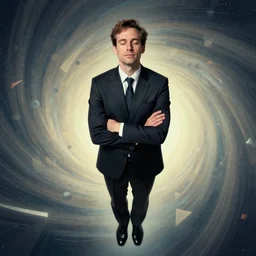 cell shading opulent by chris van allsburg. a photograph of a suit. the man's eyes are closed & he has a serene, content look on his face. his arms are crossed in front of him & is floating in space. background is swirling with geometric shapes & patterns.