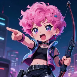 close up, a grungy cyberpunk anime, very cute, pose pointing a bow and shouting by super ss, cyberpunk fashion, curly pink hair, night sky by wlop, james jean, victo ngai, highly detailed