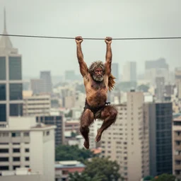 tarzan hanging from an electric wire, city