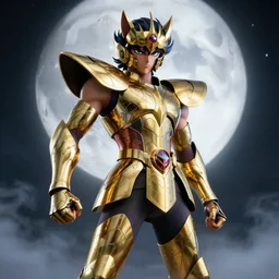 full shot of angry darkness Saint Seiya knight at moonlight, wearing golden Cat armor, inspired by Masami Kurumada, detailed, octane render, unreal engine 4k volumetric light, fog, darkness background