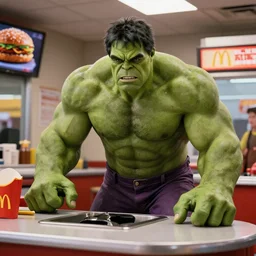 film still of hulk working at mcdonalds drive through in the new avengers movie, 4 k