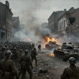 a painting of jeremy mann, street view of a world war ii skirmish between army soldiers crowds, battle tanks burning from afar, 1 9 4 0 buildings damaged, action shot, dramatic vignette, dramatic lighting, dreamy, misty, desaturated, ominous, unsettling
