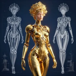 three dimensional blueprints for an absurdly beautiful, graceful, sophisticated, fashionable futuristic female golden robot, hyperdetailed illustration by irakli nadar and alexandre ferra, intricate linework, faberge, intricate gold headdress, dark atmosphere, unreal engine 5 highly rendered, global illumination, radiant light, detailed and intricate environment