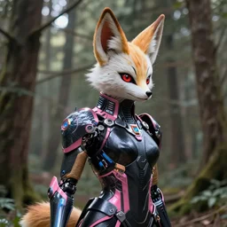 face portrait of a cyborg fennec fox animal warrior standing in the forest, in black carbon fiber pink and blue sci-fi armor, light coming off of the armor, tech wear, sci-fi, intricate, elegant, highly detailed, digital painting, artstation, concept art, smooth, sharp focus, illustration, trending on art station, dynamic lighting, cinematic, ultra detailed, fantasy concept art