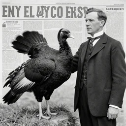 early 1 9 0 0 s photo of a man in a suit next to a huge black taxidermied bird, black and white, newspaper clipping