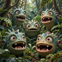 of the dark jungle with large cute strange friendly creatures with big eyes, mouth and sharp teeth appearing from the bushes, in the style of Gaudi, macro lens, shallow depth of field, highly detailed, digital painting, trending artstation, concept art, illustration, cinematic lighting, vibrant colors, photorealism, epic, octane render