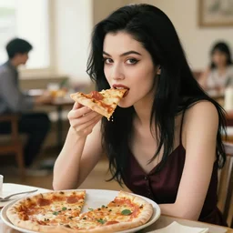 attractive female vampire eating a pizza in a bright lounge by y j. c. leyendecker, yoji shinkawa, katayama bokuyo