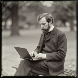 Daguerreotype photo of a man from the 1800s sitting in a park working on a laptop computer