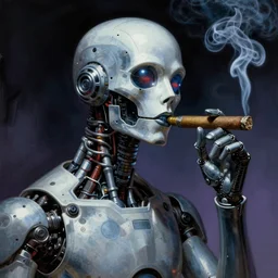 An android smoking a cigar, by Frank Frazetta, cyberpunk, Trending on Artstation, highly detailed,