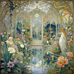 a beautifull intricate winter garden with many flowers, reflexions, verry high details by william turner art, greg rutkowski and alphonse mucha, trending on artstation, very very detailed, masterpiece, - h 7 0 4