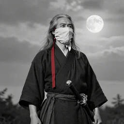 old vintage photo of samurai standing calmly wearing a fabric mask, long gray hair, in. forrest, sky is cloudy and full moon, a red ribbon on his clothes, sword, hyperrealism, black and white, artistic photography, by greg rutkowski and alphonse mucha, trending on artstation