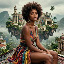 movie portrait closeup a beautiful colorful fashion icon jamaican woman is sitting on the top of a roof. beautiful natural skin, the amazing floating neoclassical tropical city in the mountains, fantasy, steampunk, intricate, amazing composition, gloomy by emmanuel lubezki