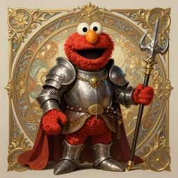 Elmo dressed as a knight, D&D, fantasy, intricate, elegant, highly detailed, digital painting, artstation, concept art, matte, sharp focus, illustration, art by Artgerm and Greg Rutkowski and Alphonse Mucha