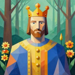 a colour portrait of a king, a geometrical matte painting, background 🌳🌻🌷 in the style of mc escher and h. r. giger, full colour, symmetrical, 8 k, unreal engine, trending on artstation,