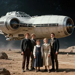 highly detailed, 256435456k film, 2150400mm film still from a sci fi blockbuster color movie made in 2019, set in 1860, of a family standing in front of a spaceship that has just landed on an alien planet, the family are all wearing 1860s era clothes, good lighting, good photography, ultra high definition