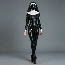 full - body portrait of thin petite slender female hooded plague doctor nun : : in a extra tight shiny oiled black plague latex suit, long sleeves, turtleneck, restrictive ballet boots, plague crow mask : : cosplay, real photography, suggestive posing