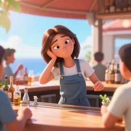 exhausted young female bartender with brown hair serving people alcohol under the hot sun, 3d, pixar, hyper-realistic, 4k UHD