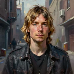 a perfect, realistic professional oil painting in classicism style, of Kurt Cobain posing in a dystopian alleyway, close-up, by a really great American senior artist on ArtStation, a high-quality Hollywood-style concept