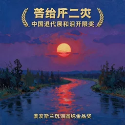 past the long river the round sun sinks low, dramatic lighting, blue, purple and red scheme, oil painting, by zhao wuji