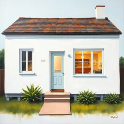 a painting of a white house, 1 3 meters wide, two sided roof, two rooms on the left side of the house with one window each, main door is next to a window that shows a living room inside