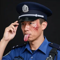 a perfect colour portrait of a policeman licking his hat. his skin is contracting rapidly and ripping. leaking pva glue from the fissures in his stressed, agonising distressed leather skin. brightly lit studio lighting