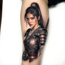 tattoo design of a hyper realistic beautiful girl warrior, hyper detailed, inspired by eliot kohek, on white background