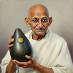 Portrait Oil painting of Ghandi holding nuclear-war-head nuclear-war-head nuclear-war-head