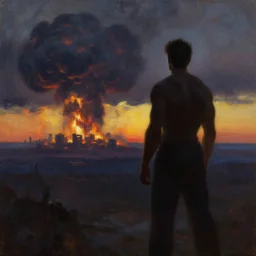 backlight on a silhouette of a muscular man watching end of the world , nuclear explosion in far away, sunset moody panorama oil painting by frazetta