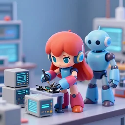 photo of nendroid figures inside a diorama of a laboratory : : a cute female robot in the style of mega man with long hair is repairing computers. she is being helped by a companion robot.