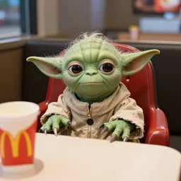 yoda sitting on a booster seat behind a table inside mcdonald's, annoyed, disgruntled, 3 5 mm, f / 2. 8