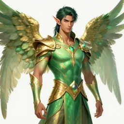 Avan Jogia as a male angel elf. Gold-green feathers. Character design by charlie bowater, ross tran, artgerm, and makoto shinkai, detailed, inked, western comic book art, 2021 award winning painting