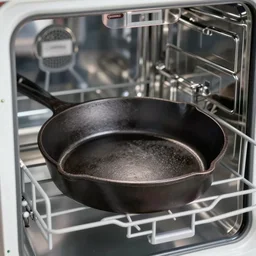 photo of a single cast-iron skillet!! inside of a dishwashing machine!!!, highly detailed, high quality, HD, 4k, 8k, Canon 300mm, professional photographer, 40mp, lifelike, top-rated, award winning, realistic, sharp, no blur, edited, corrected, trending