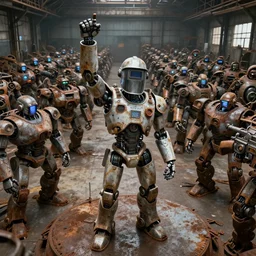 a realistic engineer robot wearing a welding helmet, one fist raised high in triumph, standing in front of hundreds of large robots inside a huge rusty dingy warehouse, army of robots, raygun gothic, atomic punk, digital art, detailed render, high angle