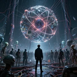 dyson sphere program, by greg rutkowski, by rhads, by jesper ejsing, so many wires, sharp focus, man standing, colony, atom, crowd, aliens