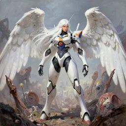 greg manchess painting of a 2 yorha type a no. 2 as mercy from overwatch!!, white long hair, large white wings, wartorn environment, organic painting, trending on artstation, by huang guangjian and gil elvgren and sachin teng