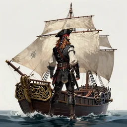 character concept art of a pirate captain hunter from bloodborne on a sailing vessel, the view is from behind
