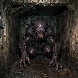 low quality flash photograph of a dark entity creature monster inside of a dark and wet basement, liminal space, creepy dark lighting
