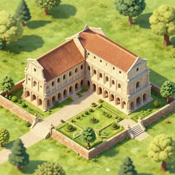 isometric aerial view of a traditional roman villa, garden courtyard, very detailed, whimsical, digital art.