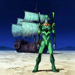 turquoise moonlight, a green pirate stands beside his wrecked full sail fifteenth century carrack at the bottom of a dried - up lake in an ivory desert beneath a clear moonless night sky, evangelion, kyoto animation still, intricately detailed features, digital painting, yoshiyuki sadamoto